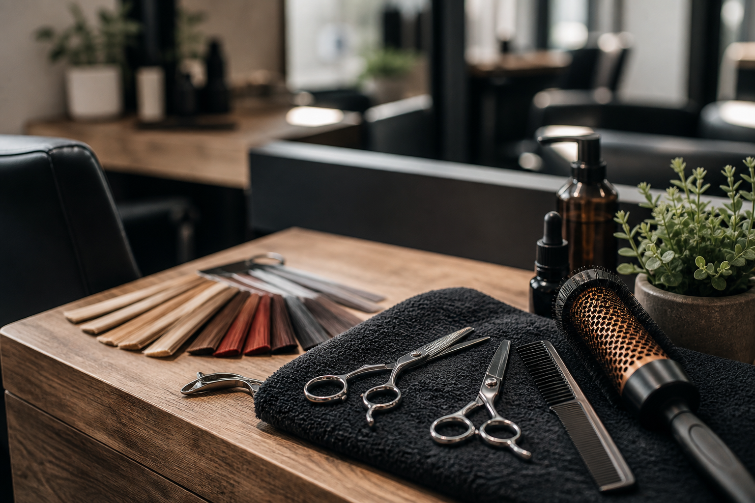 Outils de coiffure et nuancier poses sur un plan de travail
